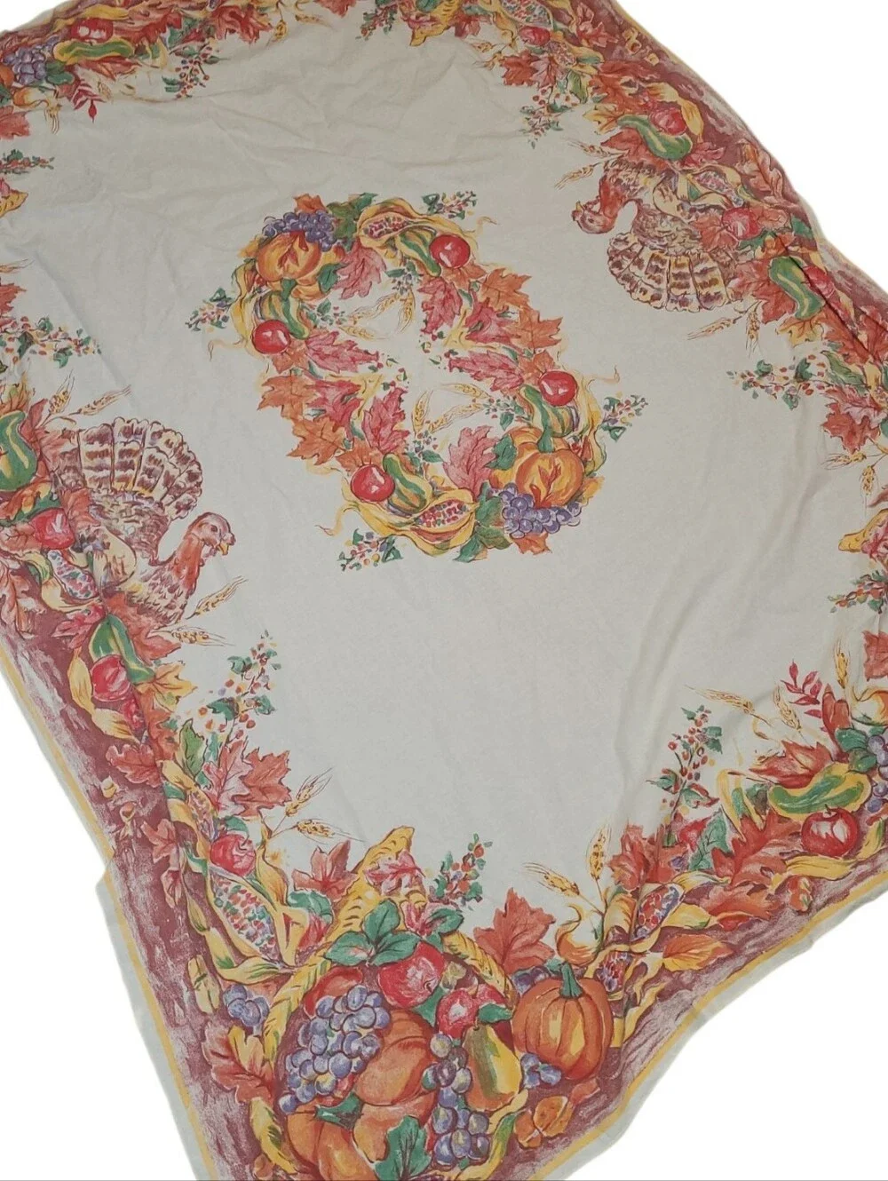 Vintage Thanksgiving Tablecloth Harvest Turkey Pumpkin Fruit 53